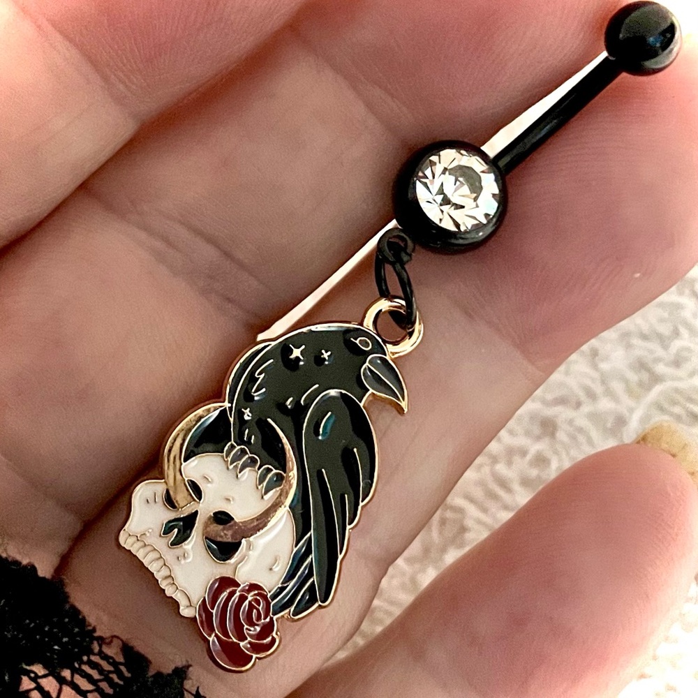 Raven and Skull Belly Ring with Rose